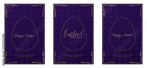 Easter greeting set. Deep purple background with a textured pattern, golden egg outline, and elegant inscriptions. Ornate gold frame with decorative leaves enhances the festive and luxurious design
