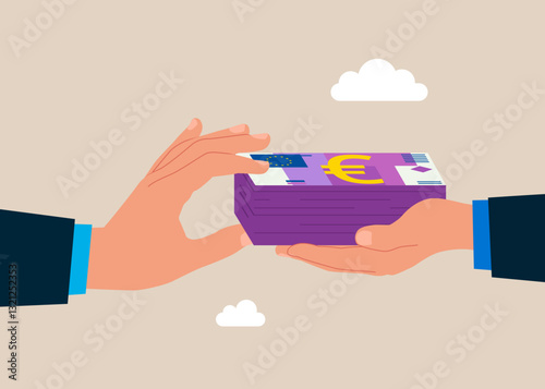 Corruption and transmitting banknote money euro. Business deal, agreement, contract. Flat vector illustration