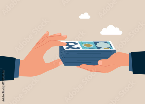 Corruption and transmitting banknote money pound sterling. Business deal, agreement, contract. British money. Currency. Flat vector illustration