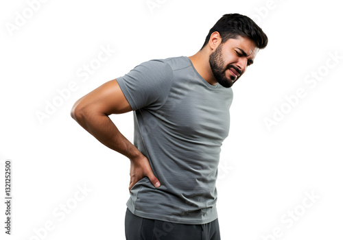 Man Experiencing Back Pain Touching Lower Back Isolated on Transparent Background photo