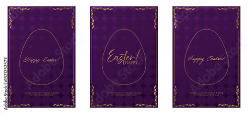 Easter greeting set. Rich purple background with a 3D textured pattern, golden egg outline, and elegant inscriptions. Ornate gold frame with decorative leaves enhances the festive and luxurious design