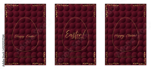 Easter greeting set. Dark red background with a geometric textured pattern, golden egg outline, and elegant inscriptions. Ornate gold frame with decorative leaves enhances the festive