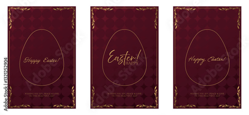 Easter greeting set. Dark red background with a geometric textured pattern, golden egg outline, and elegant inscriptions. Ornate gold frame with decorative leaves enhances the festive