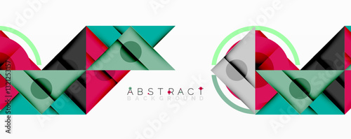 Geometric abstract design with layered triangles, circles, and gradients, forming a structured pattern with sharp contrasts and depth