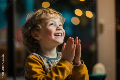 Joyful child clapping hands in a warmly lit room, expressing happiness and excitement during an interactive activity