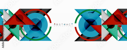 Geometric abstract design with layered triangles, circles, and gradients, forming a structured pattern with sharp contrasts and depth