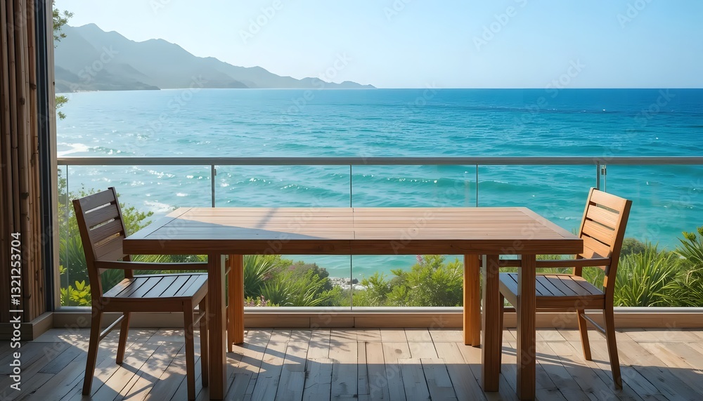 A Tranquil Seaside Escape Awaits At This Outdoor Wooden Table Overlooking A Breathtaking Ocean View Bathed In Sunlight A Tranquil Seaside Escape Awaits At This Outdoor Wooden Table Overlooking A Breathtaking Ocean View Bathed In Sunlight
