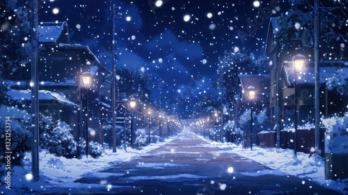 Snowy night street, houses, falling snow