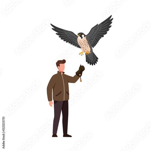 Falcon perched on a falconers glove in minimal vector art illustration