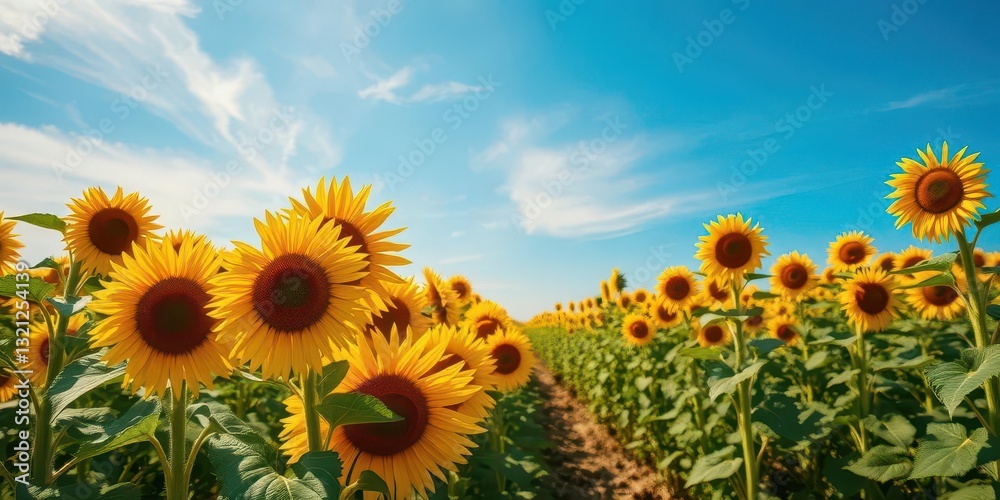 Fototapeta premium Vast sunflower field stretching to a vibrant blue sky, blue, yellow