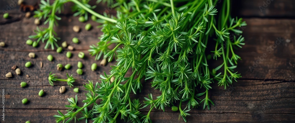 Vibrant green dill sprigs, lush and fresh, scattered on aged wood, kitchen, vegetarian Vibrant green dill sprigs, lush and fresh, scattered on aged wood, kitchen, vegetarian