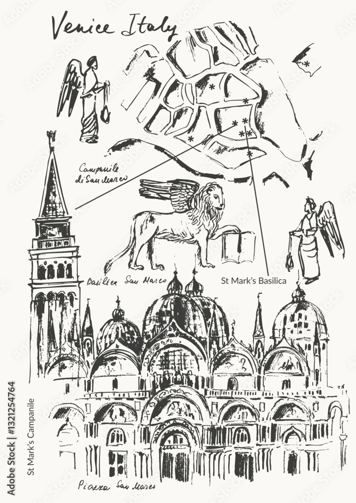 Fototapeta premium Hand drawn Venice architecture collage urban sketch. Black ink landmark line drawing of Italy ancient city.