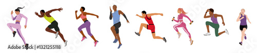 Runners set. Male and female athletes running. Healthy active lifestyle. Maraphon, Sprint, jogging, warming up. Sport, fitness design, flat style vector illustrations isolated, trtansparent background