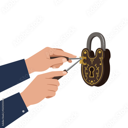 Hands using tools to pick a vintage padlock in minimal vector illustration