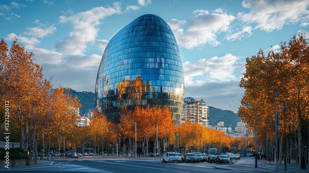 Obraz premium Golden leaves cascade around a striking modern structure, mirroring the sunset's light in the heart of a bustling city during a crisp autumn day. The atmosphere is vibrant and lively