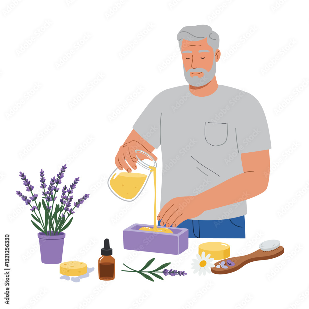 Man making natural soap with lavender in flat vector art Man making natural soap with lavender in flat vector art