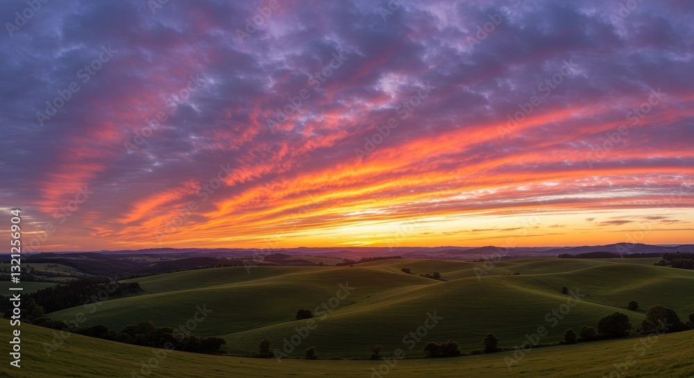 Obraz premium Vibrant sunset over rolling green hills with dramatic cloud formations