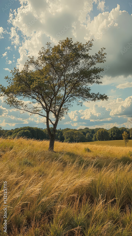 Single tree in a golden grass field under a partly cloudy sky. Peaceful landscape photography. Single tree in a golden grass field under a partly cloudy sky. Peaceful landscape photography.