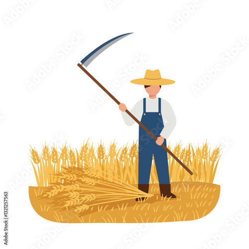 Farmer harvesting wheat with scythe in flat minimal vector art