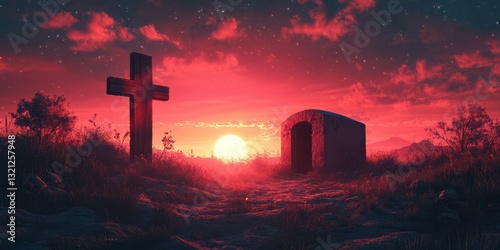 Cemetery at sunset with dramatic sky and silhouette of grave markers in serene landscape