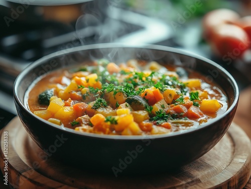 Steaming Organic Vegetable Soup in Wooden Bowl: Cozy Autumn Comfort Food Recipe with Yellow Squash and Root Vegetables