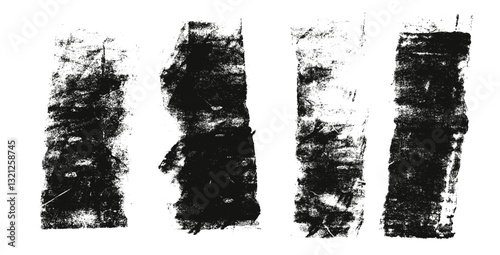 Grunge eroded textures set. Ink roller background. Vintage rectangles imprint. Dry black brayer striped isolated on white background. Painted relief stains. Vector lino eroded abstract wide dirty form