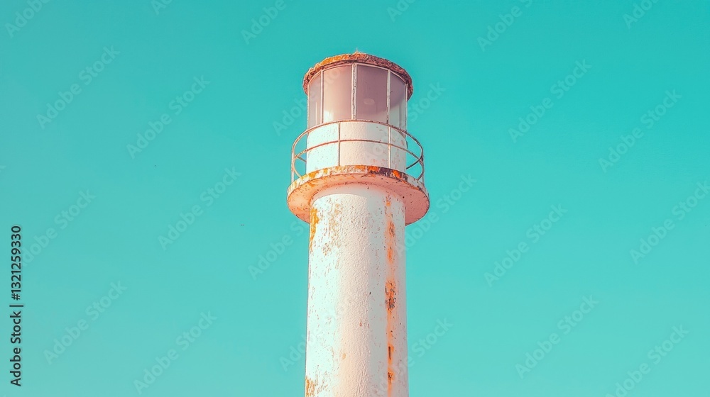 Photograph of a tall, white lighthouse with a round, cylindrical top. the top of the lighthouse is covered in rust and peeling paint, indicating that it has been exposed to the elements for some time. Photograph of a tall, white lighthouse with a round, cylindrical top. the top of the lighthouse is covered in rust and peeling paint, indicating that it has been exposed to the elements for some time.