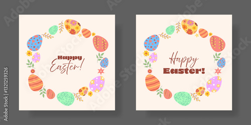 Easter set icon. Decorative eggs, floral wreath, holiday greeting, festive typography, pastel tones, seasonal celebration, ornamental design springtime theme, artistic composition, cheerful atmosphere