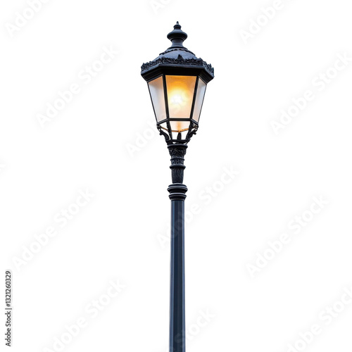 Vintage street lamppost glowing isolated on transparent background.