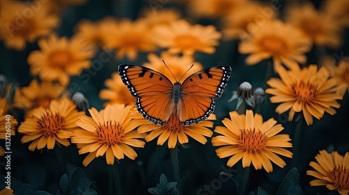 Butterfly on vibrant yellow flowers photo