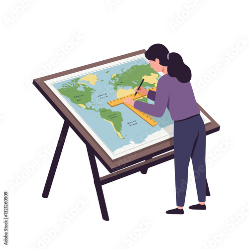 Person using a ruler to design a world map in flat vector art