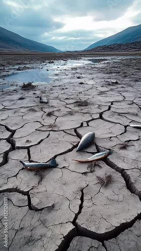 A dried-up lakebed with abandoned fish skeletons scattered across it