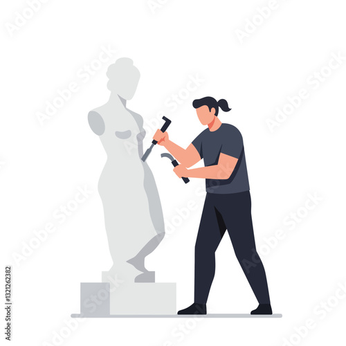 Sculptor chiseling a statue in detailed flat vector art style with tools and dynamic pose vector illustration