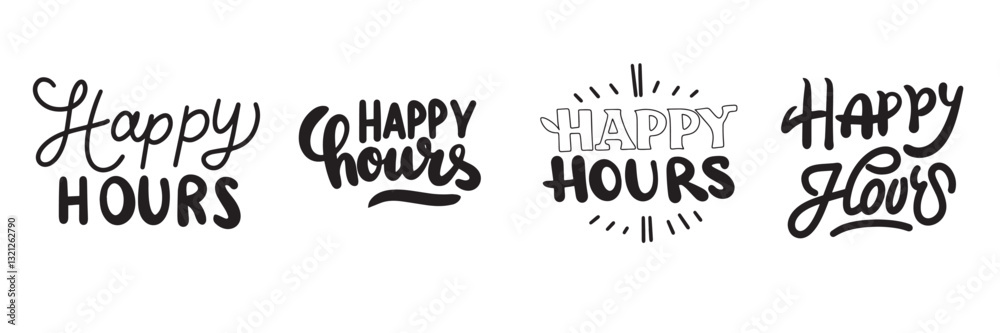 Obraz premium Collection Happy Hours text lettering. Hand drawn vector art.