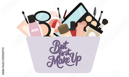 Many make up accessories in cosmetics bag in flat style. Hand drawn vector art.