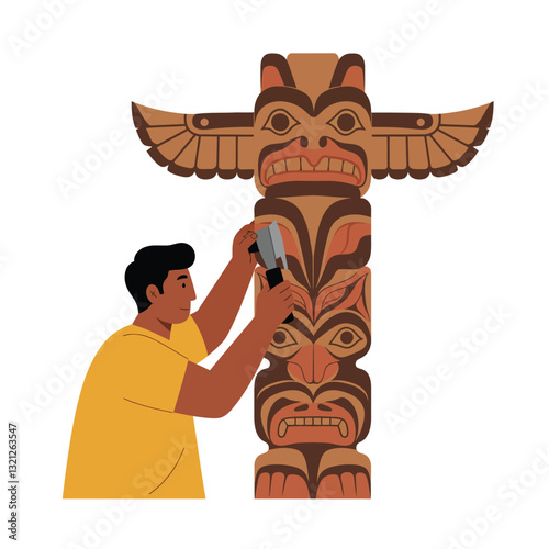 Artisan carving intricate details on totem pole in flat vector art style