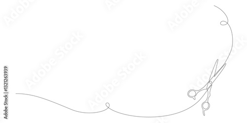 One continuous line drawing of Hair scissors. Single line drawing of concept for barber haircut beauty salon. Regular scissors. Design vector element for flyer, banner, card, coupon. Editable stroke