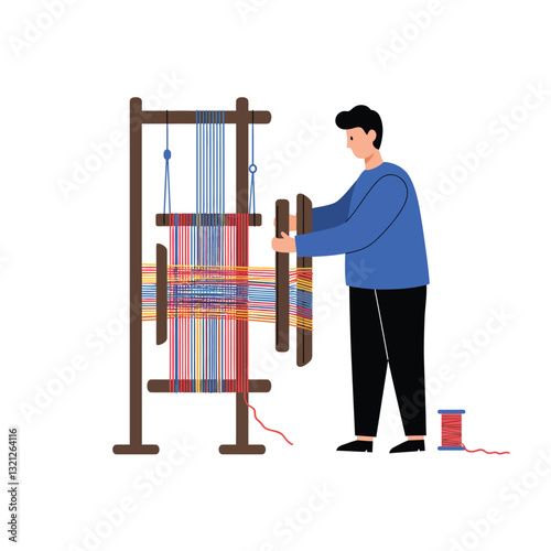 Weaving process illustration featuring a loom in flat vector art style