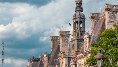 фотографія Architecture of The Hotel de Ville City Hall with french flag on tower timelapse