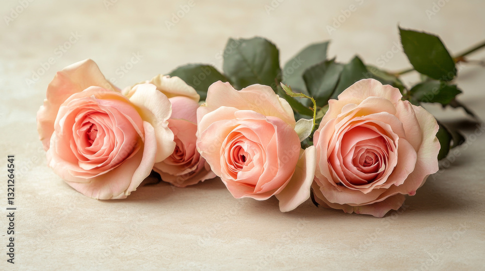 A soft, elegant spring background featuring rose flowers arranged on a beige surface, offering ample copy space A soft, elegant spring background featuring rose flowers arranged on a beige surface, offering ample copy space
