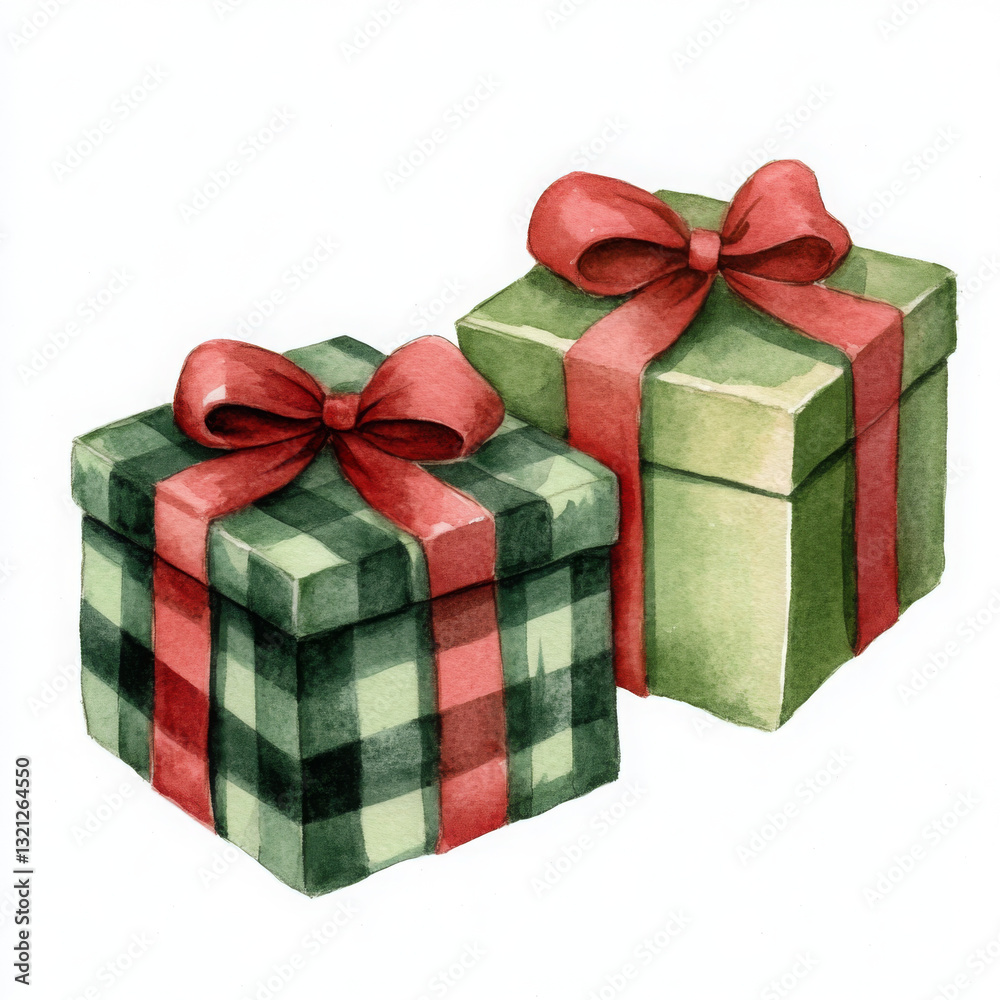 Fototapeta premium Two green and red boxes with red bows on them