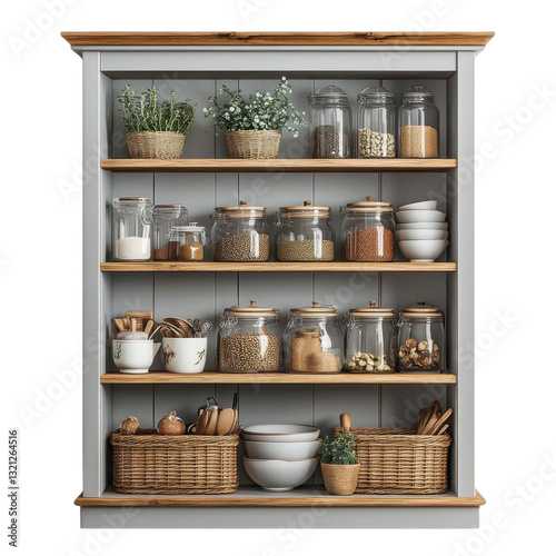 3d illustration of wooden shelves with different utensils isolated on transparent background.