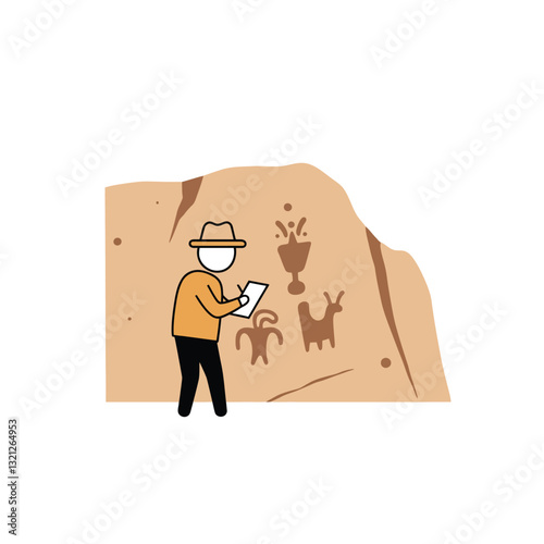 Person sketching ancient symbols on rock wall in minimal vector art