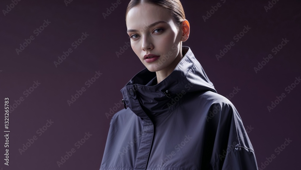 Fototapeta premium Fashionable windbreaker clothing banner with a sleek dark purple background for a trendy look.