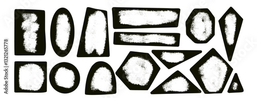 Kids black ink geometric shapes with empty space set. Text boxes paint spray textured frames. Rounded and square figures. Vector hand drawn quotation stickers shapes. Graffiti grunge geometry callout.