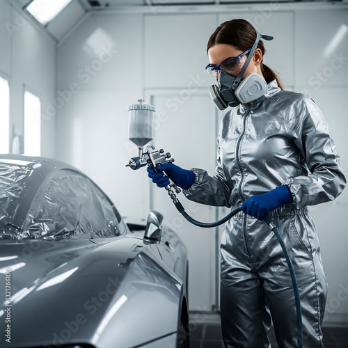 A professional female painter in a sleek protective suit, wearing safety glasses and a respirator, expertly sprays paint onto a luxury sports car, creating a flawless metallic finish. photo