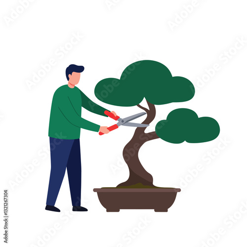 Man trimming a bonsai tree in flat style vector illustration