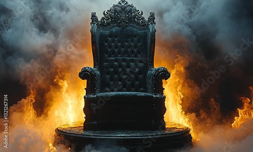 A majestic, ornate throne surrounded by swirling smoke and flames, evoking a sense of power and mystery