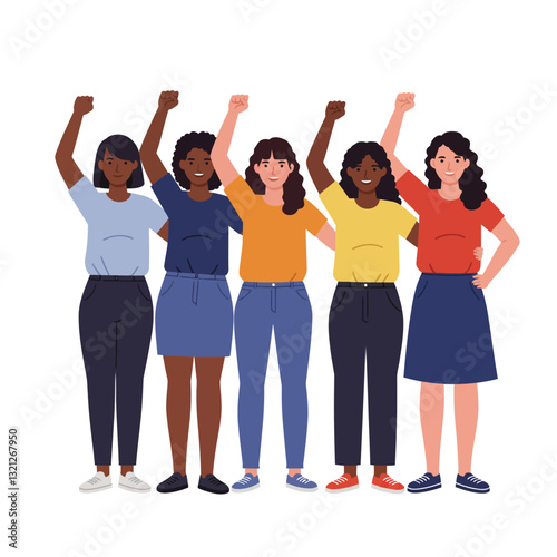 Group of diverse women celebrating with raised fists in flat vector illustration