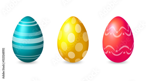 Set Easter colored yellow, blue, red eggs, holiday symbol, vector.